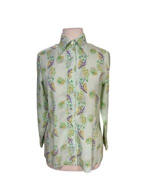 Vtg 70's Ladies Pykettes Mod Floral Green Pointed Collar Blouse Brady Bunch 14